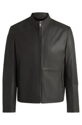 Slim-fit jacket in leather with stand collar