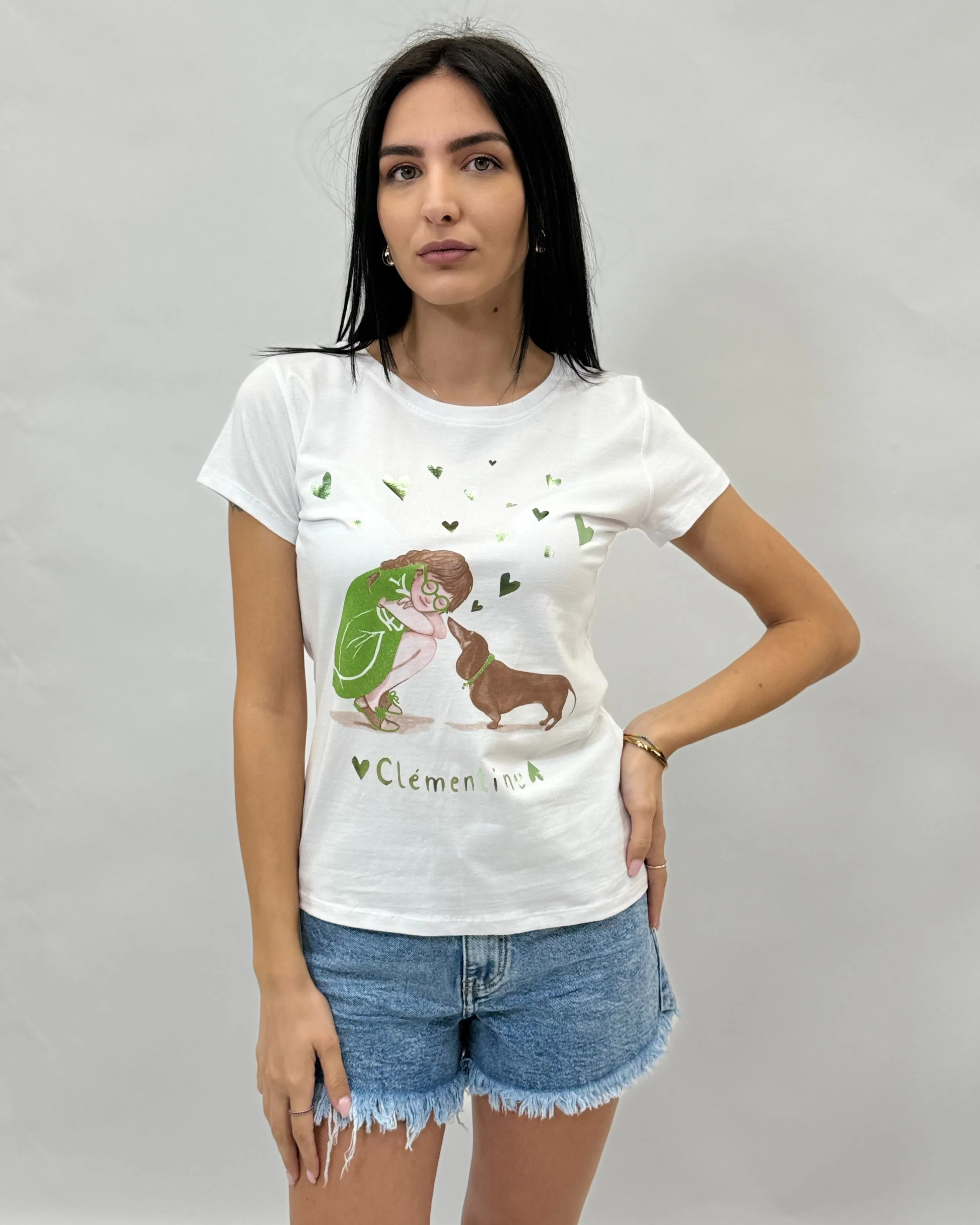 T-shirt in cotone fantasia bimba con cane