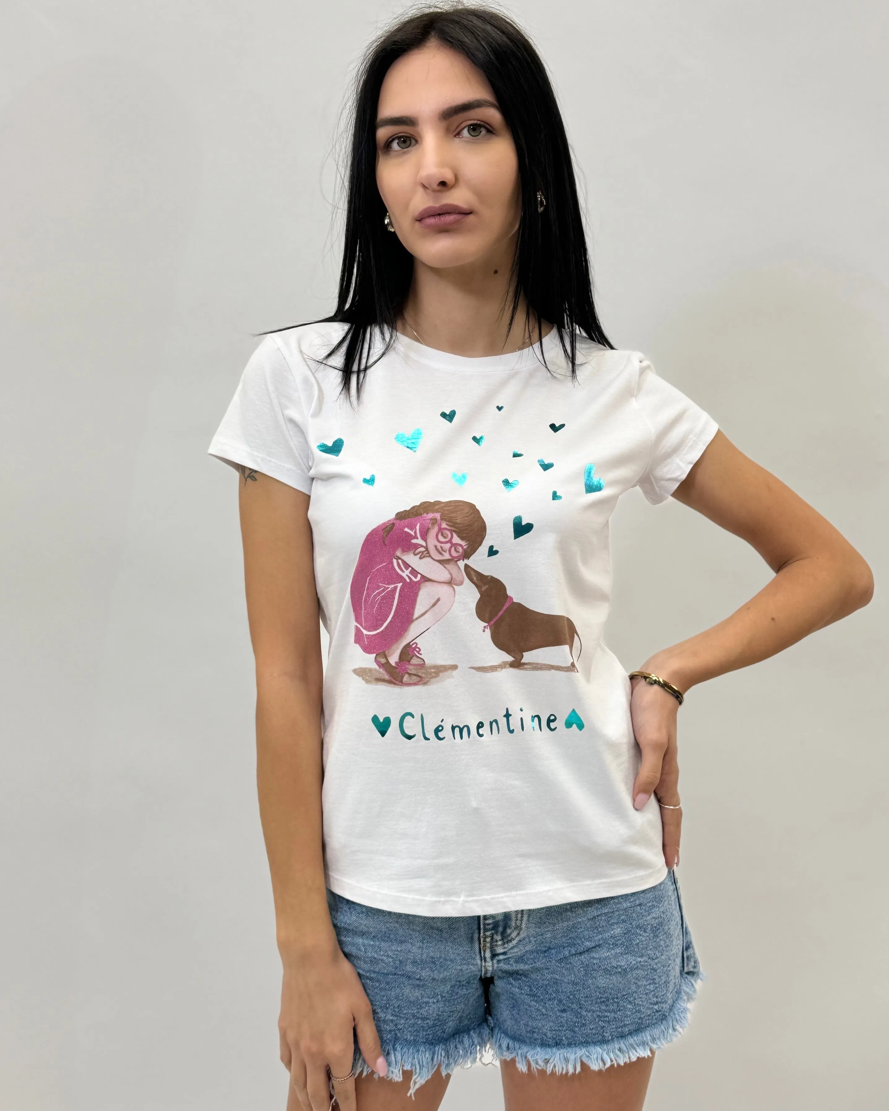 T-shirt in cotone fantasia bimba con cane