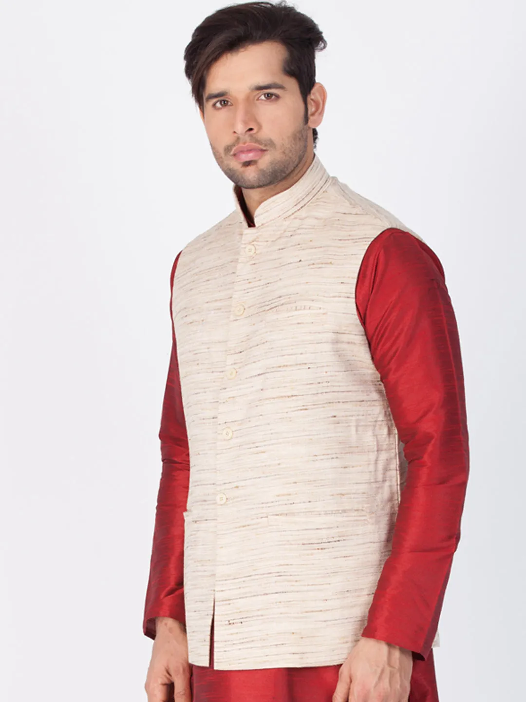 VASTRAMAY Men's Beige Cotton Blend Ethnic Jacket