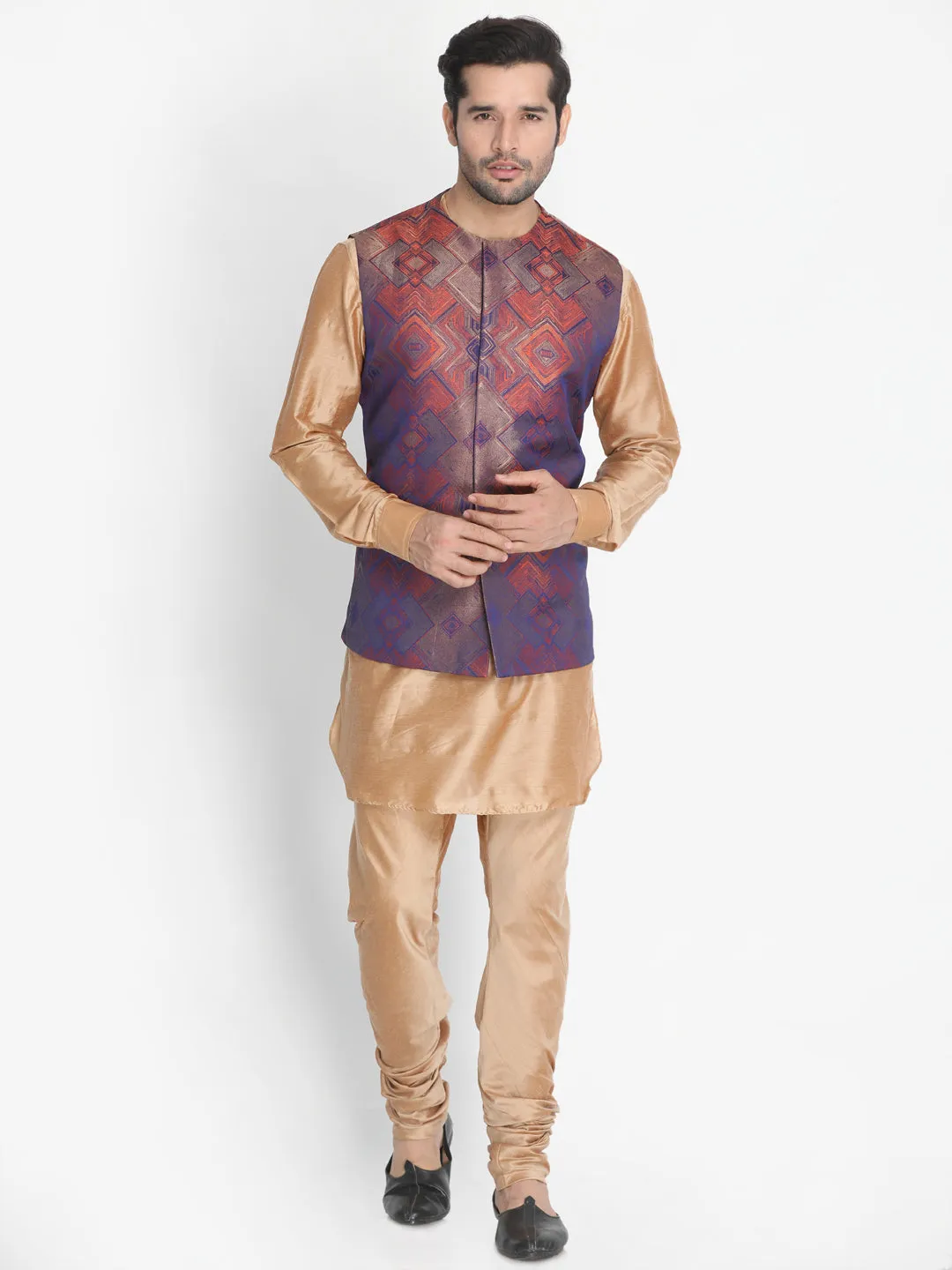 VASTRAMAY Men's Beige Silk Blend Ethnic Jacket