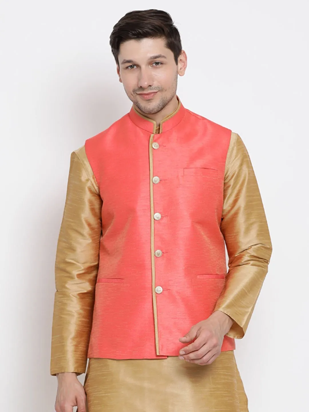 VASTRAMAY Men's Pink Cotton Silk Blend Ethnic Jacket