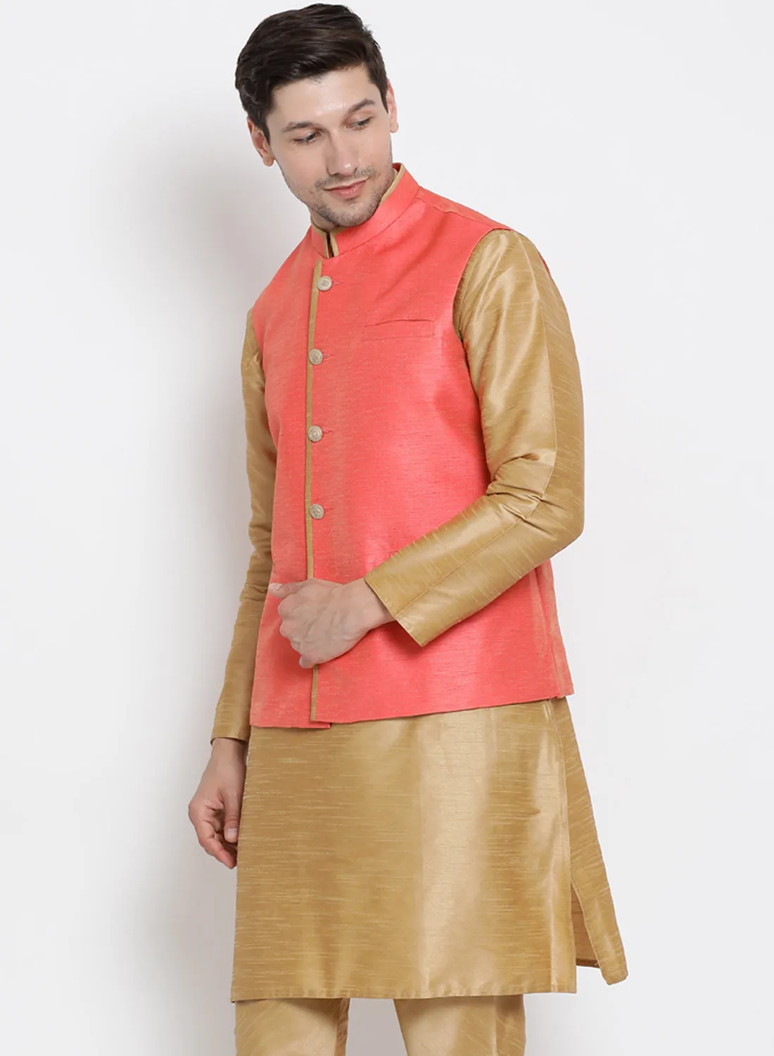 VASTRAMAY Men's Pink Cotton Silk Blend Ethnic Jacket