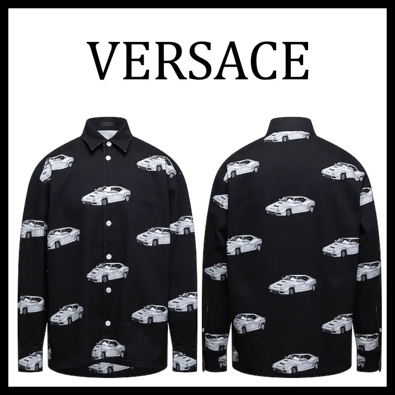 VERSACE  |Unisex Street Style Long Sleeves Plain Cotton Logo Luxury