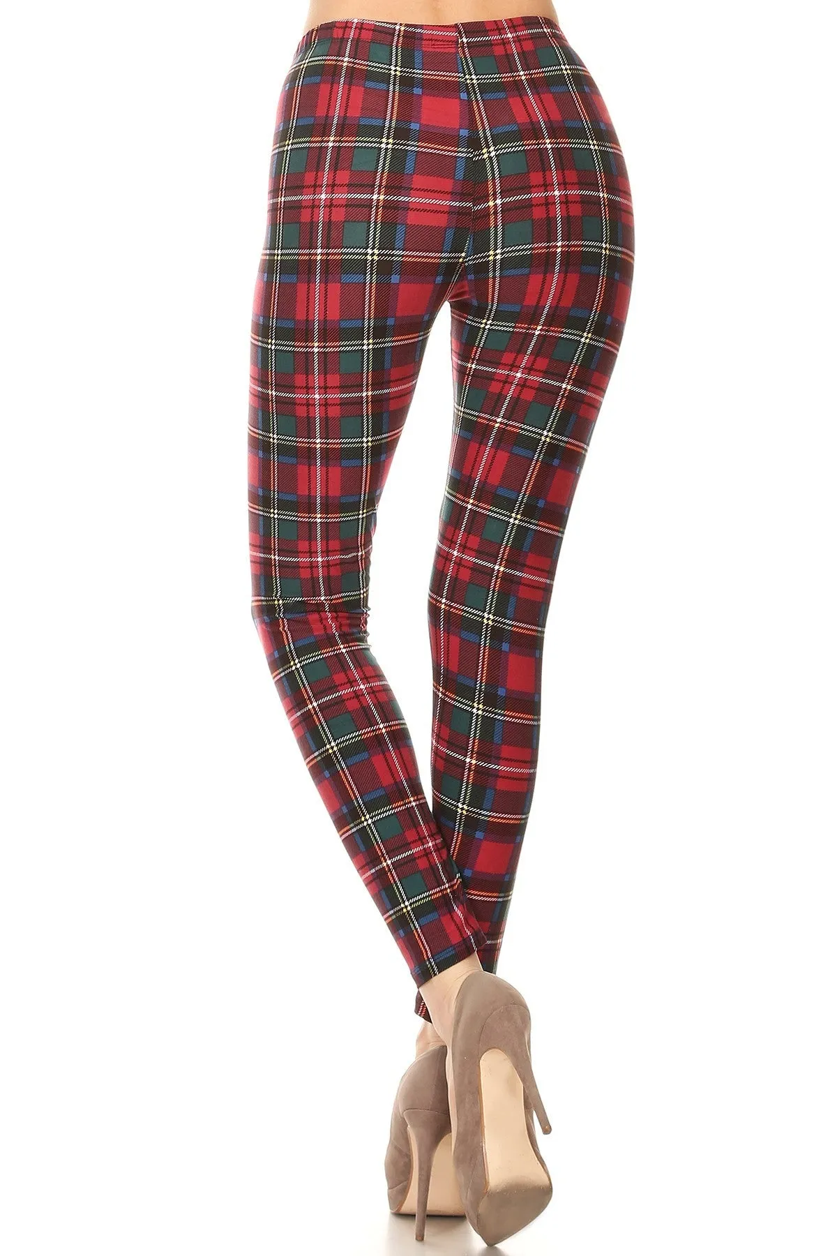 Women's 3 X 5X Burgundy Green Plaid Pattern Printed Leggings