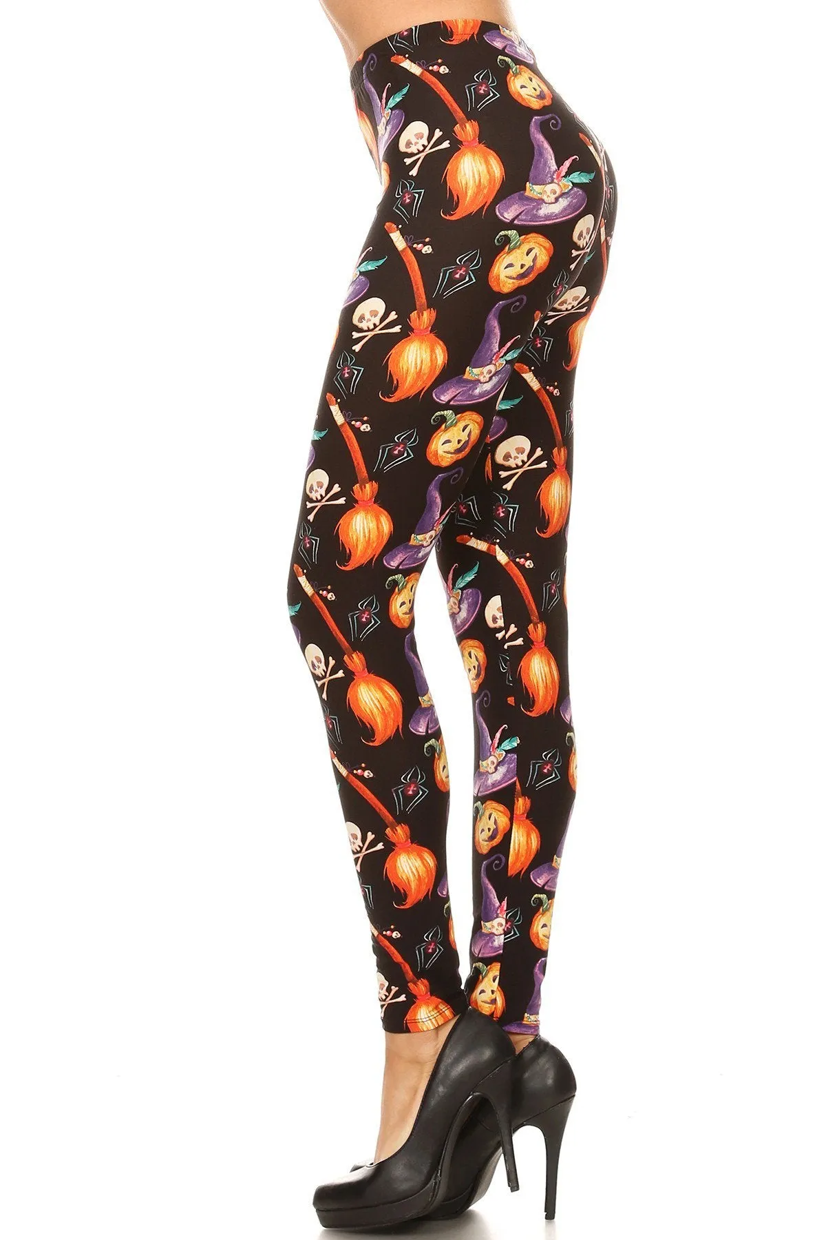 Women's Plus Halloween Witch Hat Broom Pattern Printed Leggings