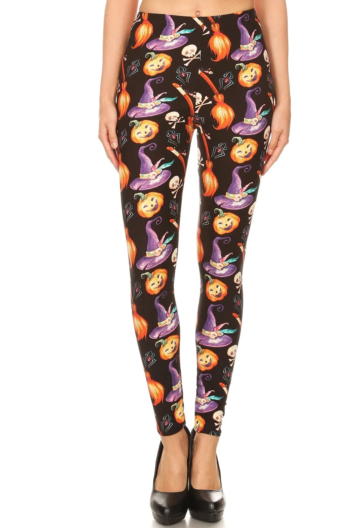 Women's Plus Halloween Witch Hat Broom Pattern Printed Leggings