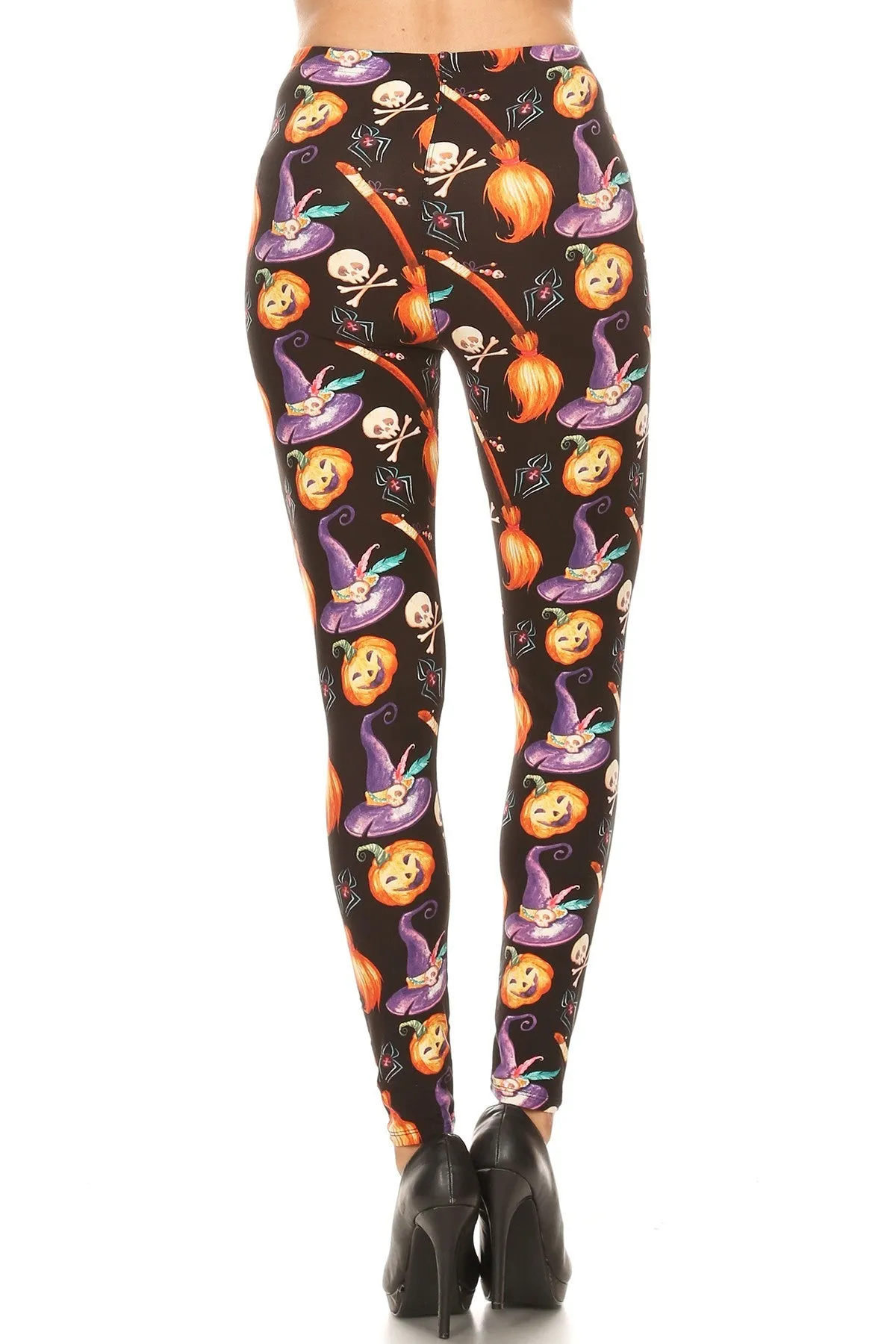 Women's Plus Halloween Witch Hat Broom Pattern Printed Leggings