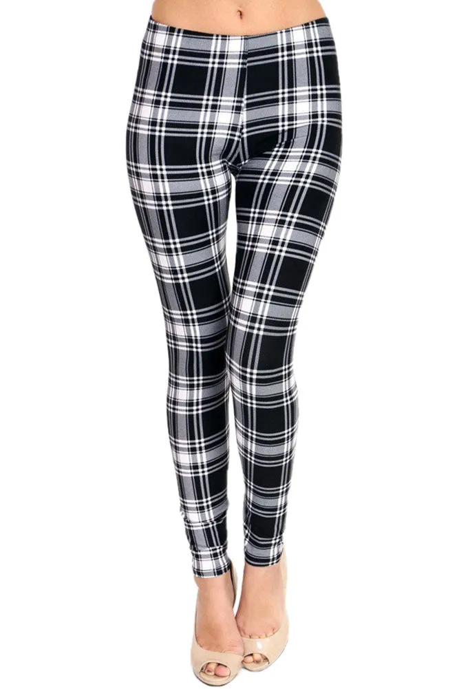 Women's Plus Holiday Black White Plaid Pattern Printed Leggings