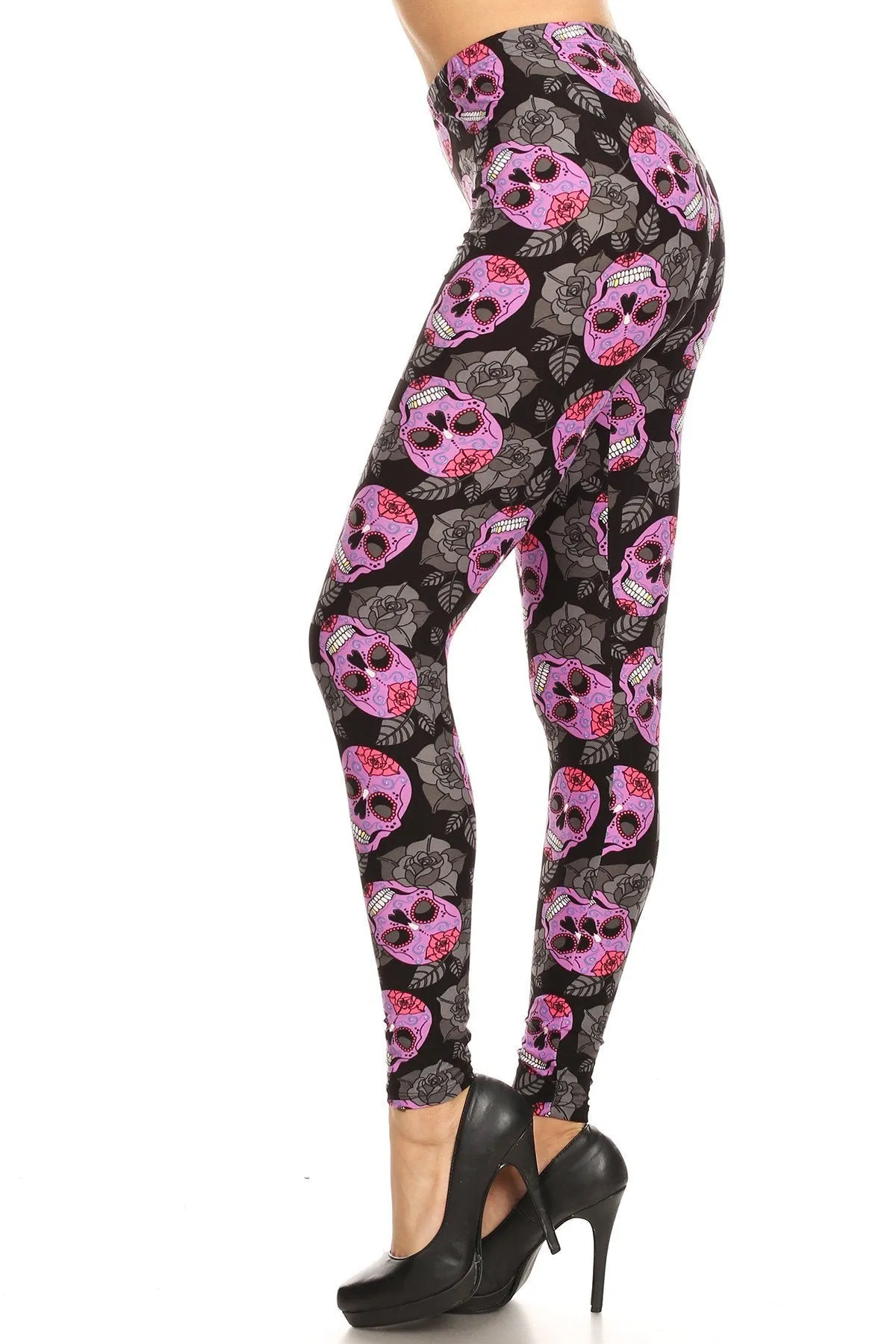 Women's Plus Purple Sugar Skull Floral Pattern Print Leggings