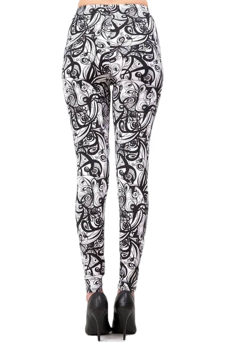 Women's Regular B&W Abstract Curve Pattern Printed Leggings