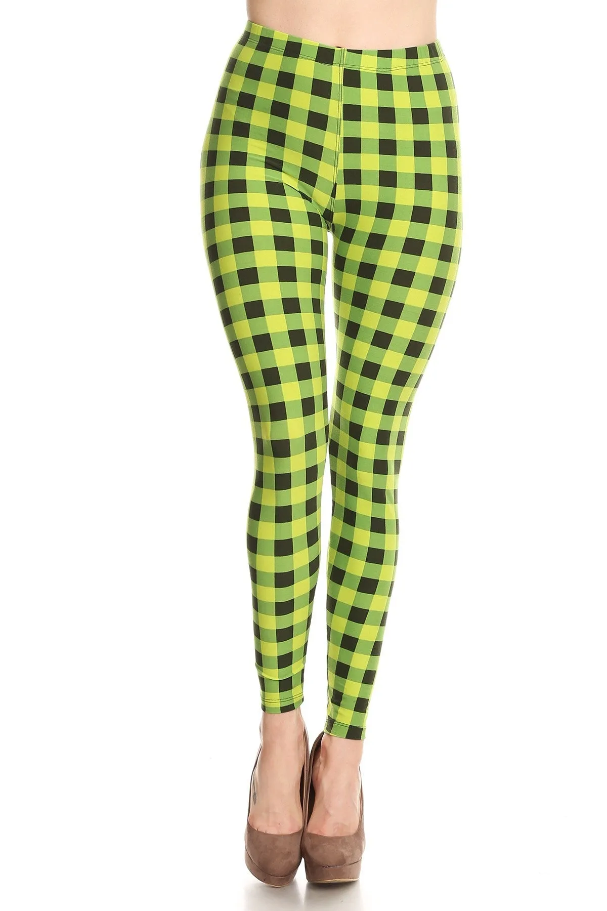 Women's Regular Lime Plaid Pattern Printed Leggings