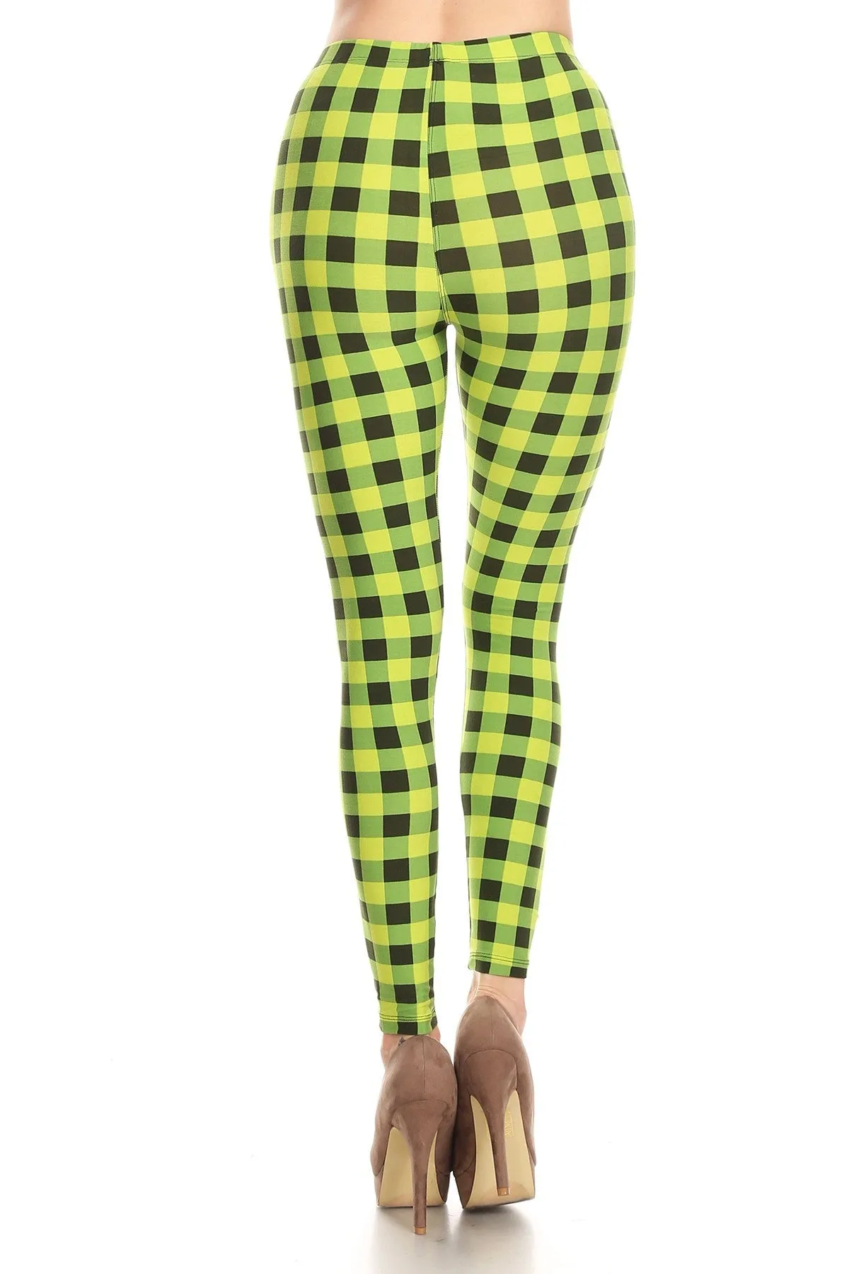 Women's Regular Lime Plaid Pattern Printed Leggings