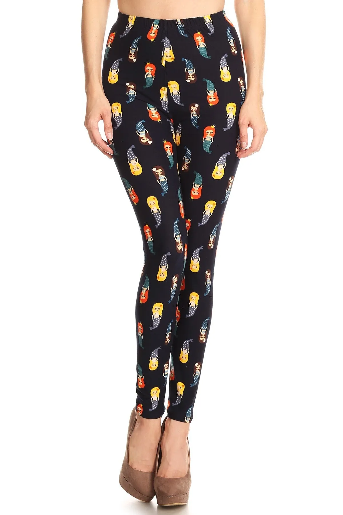 Women's Regular Little Mermaid Pattern Printed Leggings - Blue Yellow