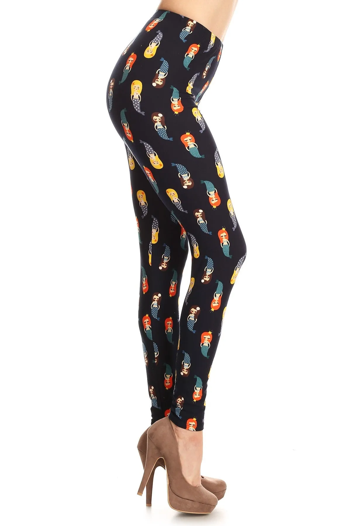 Women's Regular Little Mermaid Pattern Printed Leggings - Blue Yellow