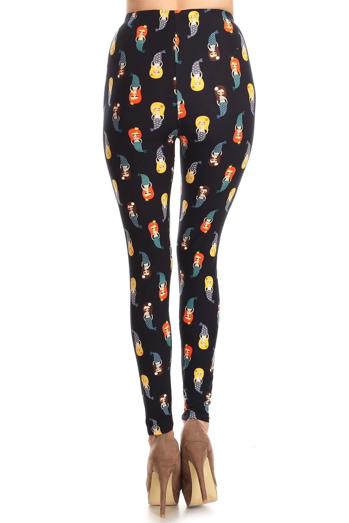 Women's Regular Little Mermaid Pattern Printed Leggings - Blue Yellow