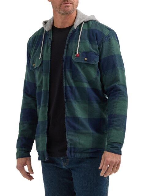 Wrangler Men's Riggs Workwear Relaxed Fit Flannel Hooded Jacket in Green Plaid