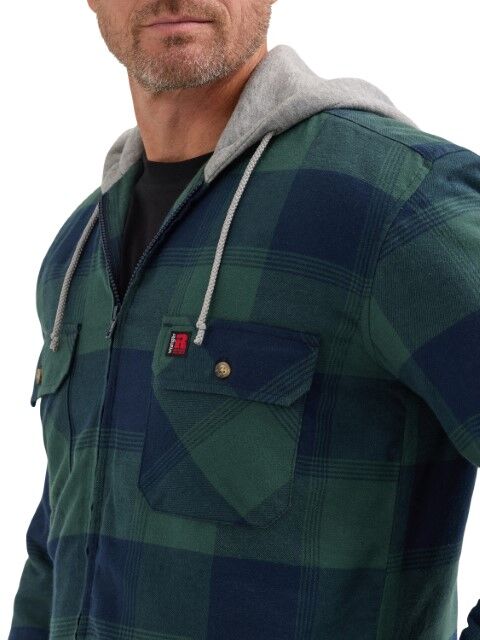 Wrangler Men's Riggs Workwear Relaxed Fit Flannel Hooded Jacket in Green Plaid